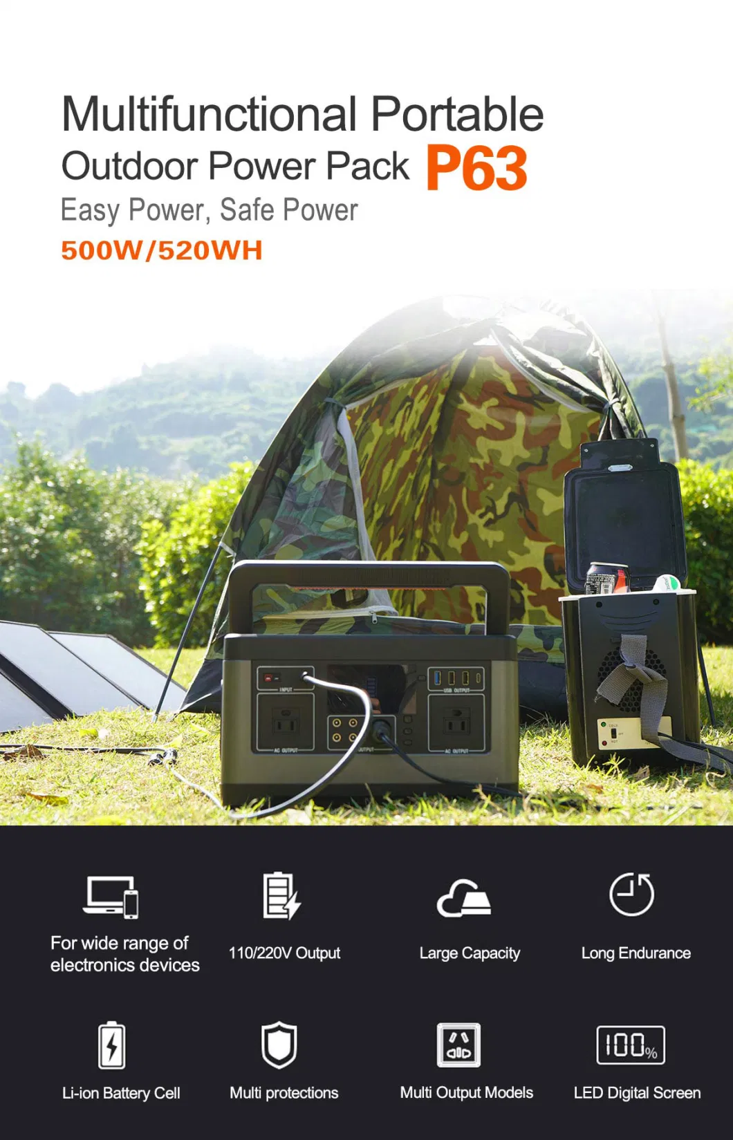 High Quality 500W Portable Power Stations Solar Sotrage Battery Solar Generator with AC, DC, Pd Ports